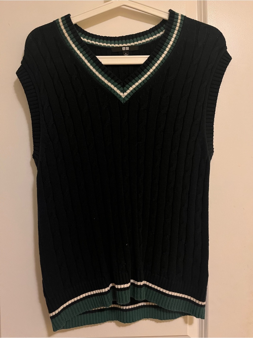 Uniqlo V-Neck Cable Knit Sweater Vest - Black with Green Trim